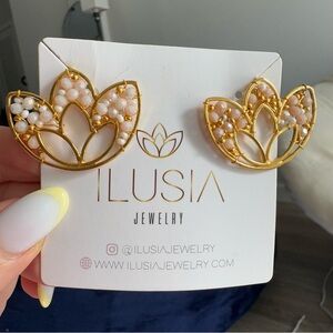 Gold and Pink Earrings Lotus Flower oversized